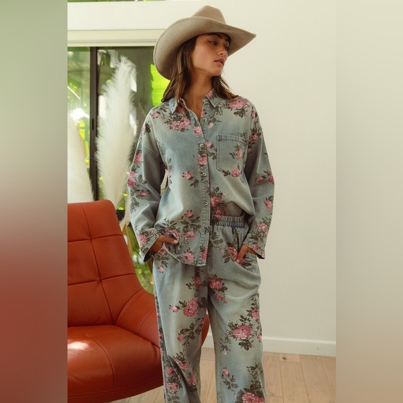 Denim floral washed button shirt elastic waist wide leg boho bohemian pant set - Picture 7 of 11